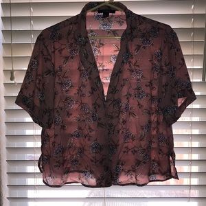 Blush colored button up with purple flowers